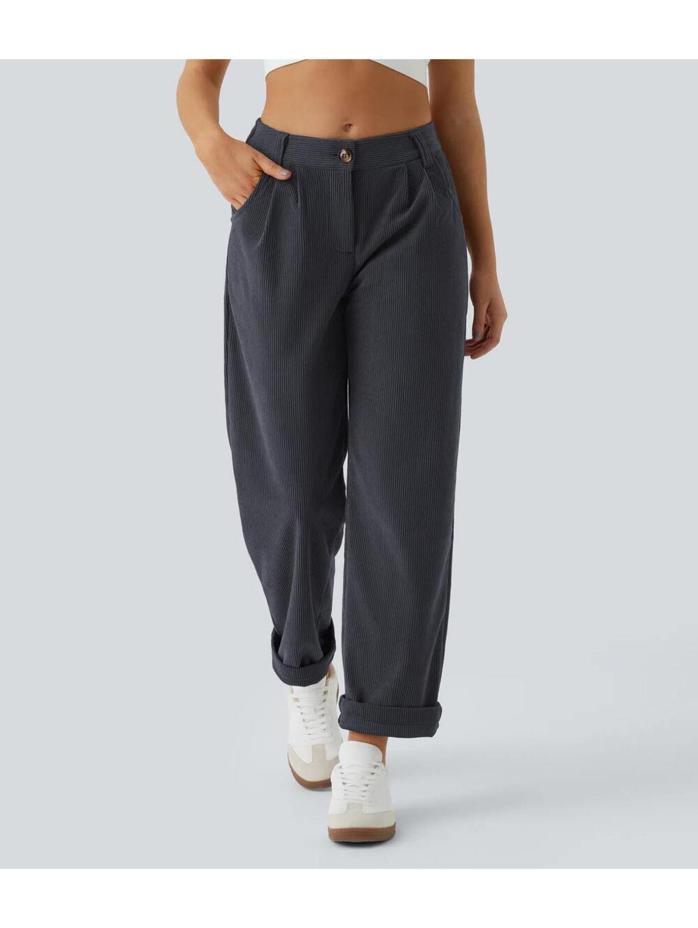 HALARA Mid Rise Zipper Pocket Corduroy Casual Pants- L Tall